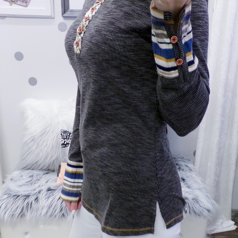 Grey Henley Top Long Sleeve Rib Knit Button Up - Picture 3 of 4